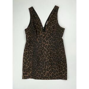 NWT H&M Defined Waist Double V Neck Brown Leopard Print Dress Size Large